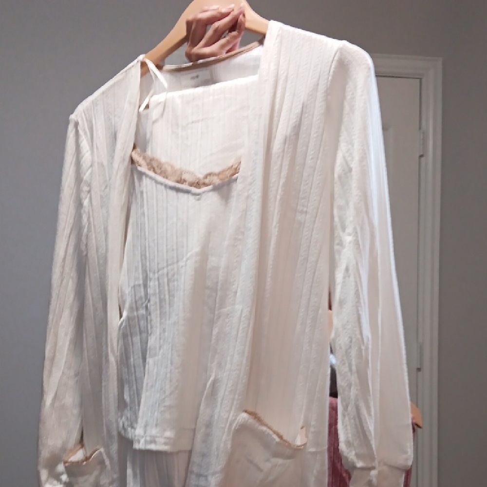 White Long Sleeve Cardigan with Lace Trim Set